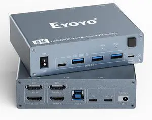 KVM Switch 2 Monitor for 1 Laptop & 1 Desktop: Dual Monitor (4K@60Hz), USB-C & HDMI, Docking Station w/ 4 USB 3.0 Ports, 80W PD Charging, Remote & USB-C Cable
