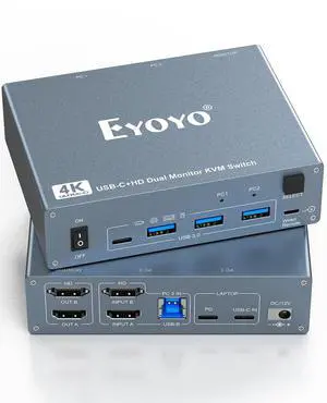 HDMI KVM Switch 2 Monitors 2 Computers, 4 USB 3.0 Ports 4K@60Hz KVM Switches for 1 Laptop & 1 Desktop Sharing 2 Monitors Keyboard Mouse Printer, Plug & Play, 80W PD Charging, Remote & USB-C Cable