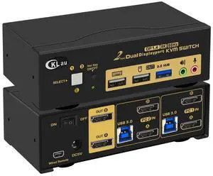 CKLau 2 Port USB 3.0 Dual Monitor KVM Switch Displayport 1.4 8K@30Hz 4K@144Hz, Display Port KVM Switch 2 Monitors with Audio, All Input and Output Cables Supports Hotkey Function