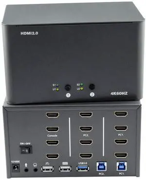 KVM Switch 4 Monitors 2 Computers, HDMI 4K@60Hz KVM Switch with USB3.0, 2 Computers Share One Set of Keyboard, Mouse and Monitors, Supports Windows/Mac/Linux