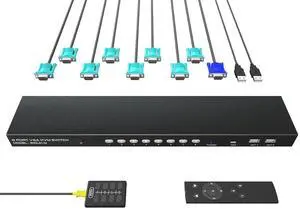 8 Port VGA KVM Switch with Remote, USB Switcher, 8 Computers Share 1 Monitor, 4 USB 2.0 Hubs, Keyboard Mouse Printer, 8 KVM VGA Cables, 1 Desktop Controller, 1 IR Remote