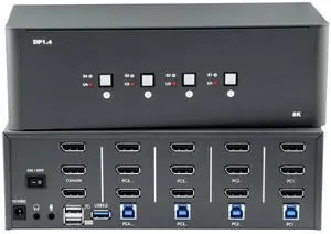 KVM Switch 3 Monitors 4 Computers, 8k Displayport Switch with USB 3.0, Jack, 4 Computers Share a Set of Keyboard, Mouse, Support Windows/Mac/Linux (Triple Monitor)