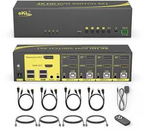 eKL Dual Monitor HDMI+DisplayPort KVM Switch 4 in 2 Out Extended Display 4K@60Hz 4:4:4 with Audio and USB 2.0 Hub Sharing PC Monitors One Set of Keyboard and Mouse Switcher