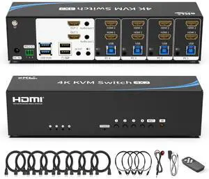 eKL Real Seamless Switching USB 3.0 HDMI KVM Switch Dual Monitors 4 Computers 4K@30Hz, 4 Port Extended Display, 3.5mm Audio, EDID Emulators, Button, Hotkey, Mouse, RS232 Code Switching