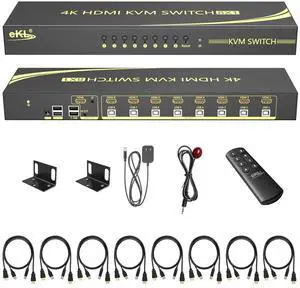 eKL 8 Port HDMI KVM Switch Supports 3.5mm Audio Extractor 4K@60Hz 4:4:4 Hotkeys Swapping 8 in 1 Out 8 PCs Sharing with One Set of Keyboard and Mouse