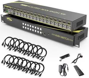 eKL 16 Port HDMI KVM Switch Supports Hotkeys Switching up to 4K@60Hz 4:4:4 16 PCs Laptops Sharing with One Set of Keyboard and Mouse