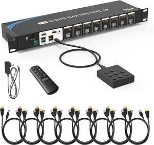 eKL 8 Port Real Seamless Switching HDMI KVM Switch 8 Computers 4K@30Hz 1U Rack Mount, 3.5mm Audio Extractor, Desktop Controller, Hotkey, Mouse, RS232 Code Switching