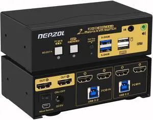 2x2 Matrix HDMI KVM Switch Dual Monitor USB 3.0 4K 60Hz, PC Monitor Keyboard Mouse Peripherals Sharing Box with Cables for 2 Computers or Laptops 922HUA-M