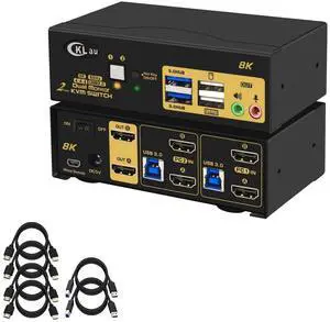 CKLau 2 Port 8K60Hz 4K144Hz Dual Monitor KVM Switch HDMI with Cables, Audio, Microphone, 2 pcs USB 3.0 Peripheral Hub for Keyboard Mouse 2 Computers Sharing 2 Monitors