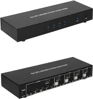 4x1 DP Display Port 1.2 & USB 2.0 KVM Switch Metal Housing w/USB Keyboard, Mouse, Audio & Microphone Port w/Power Adapter - Black (61020)