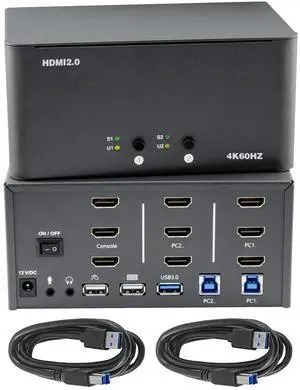 KVM Switch 3 Monitors 2 Computers, HDMI 4K@60Hz KVM Switch with USB3.0 Cable, 2 Computers Share One Set of Keyboard, Mouse and Monitors, Supports Windows/Mac/Linux