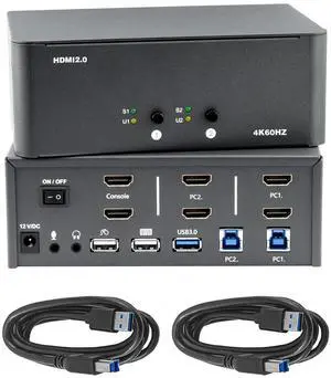KVM Switch 2 Monitors 2 Computers, HDMI 4K@60Hz KVM Switch with USB3.0 Cable, 2 Computers Share One Set of Keyboard, Mouse and Monitors, Supports Windows/Mac/Linux