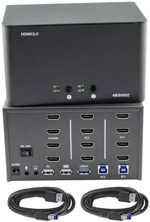 KVM Switch 4 Monitors 2 Computers, HDMI 4K@60Hz KVM Switch with USB3.0 Cable, 2 Computers Share One Set of Keyboard, Mouse and Monitors, Supports Windows/Mac/Linux