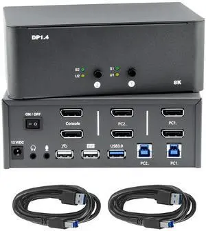 KVM Switch 2 Monitors 2 Computers, 8k Displayport Switch with USB 3.0 Cable, Jack, 2 Computers Share a Set of Keyboard, Mouse, Support Windows/Mac/Linux (Dual Monitor)