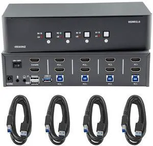 KVM Switch 2 Monitors 4 Computers,HDMI 4k@60Hz KVM Switch with 4xUSB 3.0 Cable and 3.5mm Audio,4 Computers Share One Set of Leyboard, Mouse and Monitors,Supports Windows/Mac/Linux, Plug-and-Play