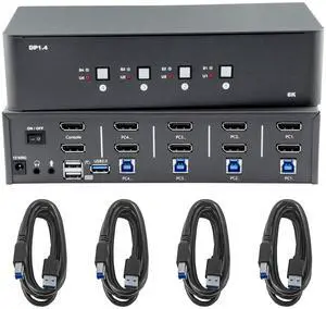 KVM Switch 2 Monitors 4 Computers, 8k Displayport Switch with USB 3.0 Cable, Jack, 4 Computers Share a Set of Keyboard, Mouse, Support Windows/Mac/Linux (Dual Monitor)