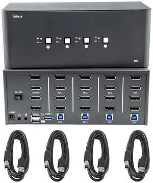 KVM Switch 4 Monitors 4 Computers, 8k Displayport Switch with USB 3.0 Cable, Jack, 4 Computers Share a Set of Keyboard, Mouse, Support Windows/Mac/Linux (Quad Monitor)