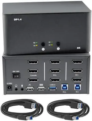 KVM Switch 3 Monitors 2 Computers, 8k Displayport Switch with USB 3.0 Cable, Jack, 2 Computers Share a Set of Keyboard, Mouse, Support Windows/Mac/Linux (Triple Monitor)