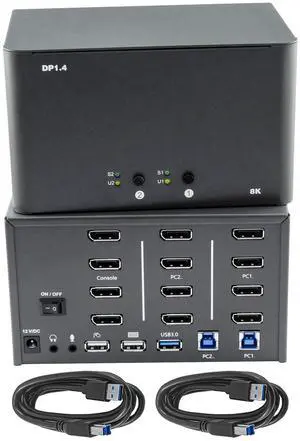 KVM Switch 4 Monitors 2 Computers, 8k Displayport Switch with USB 3.0 Cable, Jack, 4 Computers Share a Set of Keyboard, Mouse, Support Windows/Mac/Linux (Quad Monitor)