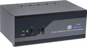 KVM Desktop Switch, 2-Gang Dual Monitor, Displayport + HDMI, 4K, USB 3.0, Audio