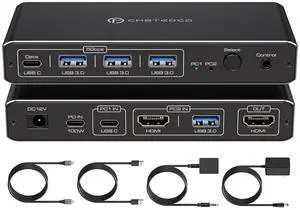 Ennovor KVM Switch 1 Monitors 2 Computers 4K@60Hz USB C HDMI KVM Switch 2 Port for 1 Laptop 1 Desktop Share 1 Monitor Keyboard Mouse Hard Drives Printer Support 100W Charging for Laptop