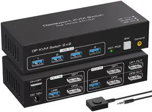 Ennovor Displayport KVM Switch 2 Monitors 2 Computers 8K 60Hz 4K 120Hz Dual Monitor USB 3.0 KVM Switches for 4 USB Devices, Wired Extension Button,12V DC Adapter and USB3.0 Cables