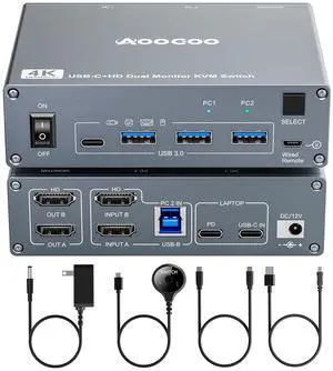 Ennovor USB C KVM Switch 4K@60Hz,Dual Monitor USB C HDMI KVM Switch for 1 PC and 1 Laptop Sharing 2 Monitor and 4 USB3.0 Devices, PD Power for Laptop with Wired Remote Control and USB Cables Included