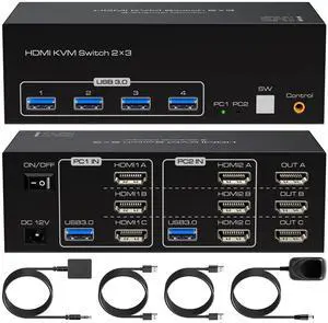 Ennovor HDMI KVM Switch 3 Monitors 2 Computers 8K60Hz USB 3.0 KVM Switches with 4 USB Ports Monitor Switch for 2 Computers Support Extended & Copy Mode 12V DC Adapter 2X USB3.0 Cables Included