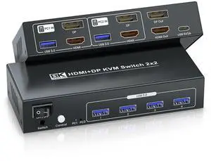 8K@60Hz 4K@120Hz HDMI Displayport KVM Switch 2 Monitors 2 Computers, USB 3.0 Dual Monitor HDMI DP KVM Switch for 2 PCs Share 2 Monitors and 4 USB 3.0 for Keyboard, Mouse, Printer and More