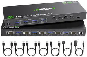 Ennovor 4 Port HDMI KVM Switch 4K@60Hz, Simulation EDID, ANGEET USB3.0 KVM Switches for 4 Computers Share 1 Monitor and Keyboard Mouse Printer, with Wired Remote,12V Power Adapter and 5 Cables