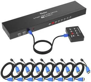 Ennovor KVM Switch HDMI 8 Port, Yinker 4K@30Hz USB HDMI Rack KVM Console 8 in 1 Out w/9pack Cables 4 USB 2.0 Hubs Desktop Selector IR Remote & Ears