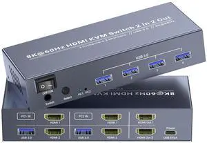 Ennovor 8K60Hz 4K120Hz HDMI KVM Switch 2 Monitors 2 Computers, USB 3.0 Dual Monitor HDMI KVM Switch for Controlling 2 PC with 1 Set of Keyboard, Mouse and 2 Monitors