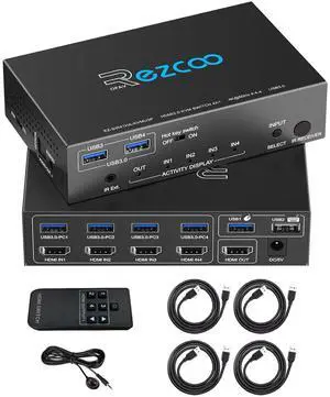 Ennovor USB 3.0 KVM Switch HDMI 4 Computer 1 Monitor 4K 60Hz SPDIF L/R Hotkey - Share one Set of Keyboard Mouse Printer,1080p 120Hz 144Hz HDCP Bypass,4X USB3.0 Cable,IR Remote Ext. Windows Mac 41KVMP