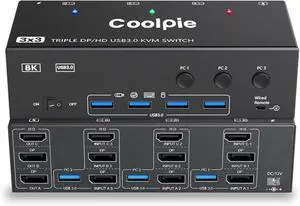 Ennovor KVM Switch 3 Computers,W/Displayport HDMI for Triple Monitor,Ultra HD HDMI 8K@60Hz/4K@120Hz, DP 8K@30Hz/4K@144Hz,1 HDMI&2 DisplayPorts 4 USB 3.0 Ports-Wired Remote&6 DP 3 HDMI 3 USB Cables