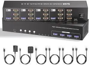 USB 3.0 Three Monitor HDMI KVM Switch, 4K60Hz 4 Port HDMI KVM Switch 3 Monitors 4 Computers, 4 PC Share 1 Set of Keyboard, Mouse, 3 Monitors and 4 USB 3.0 Ports