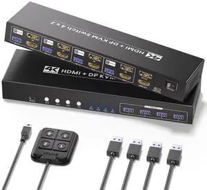 USB 3.0 4 Port HDMI + Displayport KVM Switch 2 Monitors 4 Computers, 4K60Hz Dual Monitor HDMI DP KVM Switch for 4 Computers Sharing 1 Set of Keyboard, Mouse and 2 Monitors
