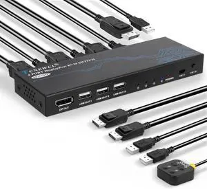 DP KVM Switch 4K@60Hz, 4 Ports DisplayPort DP1.2 KVM Switch for 4 Computers Share 1 Monitor and 3 USB Devices Keyboard Mouse with 4 DP and 4 USB Cables