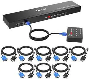 VGA KVM 8 Port Rackmount Switch + 8 KVM Cables + 4 USB Hubs + Wired Desktop Selector + Rack Mount Ears