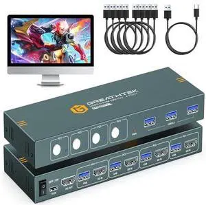 USB3.0 KVM Switch 4 Computers 1 Monitor, 4K@60HZ 4 Ports 3 Computers HDMI KVM Switcher with 3 USB3.0 Ports to Share Keyboard Mouse Printer, 4 in 1 Out Monitor SwitchEDID Adaptive