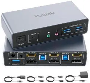 Ennovor HDMI Displayport KVM Switch, 2 Computers 2 Monitors 4K@60Hz KVM Switcher Dual Monitor for 2 PC, 3 USB 3.0 Ports Support Extended/Mirror Mode with Desktop Controller&2 USB Cables&Power Adapter