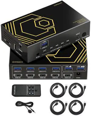 Ennovor 4K@60Hz HDMI KVM Switch USB3.0 4 Computers 1 Monitors HDMI 4 Port KVM Switches for 4 PC Share 1 Monitor and 4 USB 3.0 Devices SPDIF L/R Mic Audio with IR Remote Control and 4xUSB 3.0 Cables