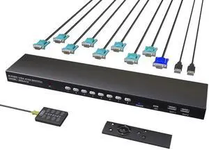 Ennovor VGA KVM Switch 8 Ports - KVM Switch with Remote,USB Switcher 8 Computers Share 1 Monitor 4 USB 2.0 Hubs,Keyboard Mouse Printer,8 KVM VGA Cables 1 Desktop Controller 1 IR Remote