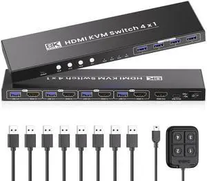 HDMI KVM Switch 1 Monitors 4 Computers, 8K@60Hz 4K@120Hz USB 3.0 4 Port HDMI KVM Switch for 4 PCs Share 1 Set of Keyboard, Mouse and Monitor