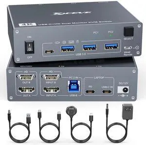 KVM Switch 2 Monitors 2 Computers USB C HDMI, Dual Monitor USB 3.0 USB Typc C KVM Switcher Supports 4K@60Hz for 2 Computers Share Keyboard, Mouse and Monitor