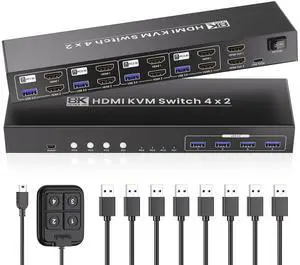 8K@60HZ 4K@120Hz HDMI KVM Switch 2 Monitors 4 Computers with 4 Port USB 3.0 Hub, 4 Port Dual Monitor HDMI KVM Switch for 4 Computers Share 1 Set of Keyboard, Mouse and 2 Monitors