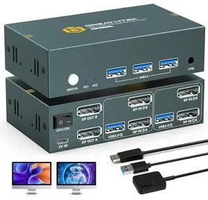 Ennovor 8K Displayport KVM Switch 2 Monitors 2 Computers, 3 USB3.0 to Share Keyboard&Mouse Dual Monitors Switch for 2 Computers, 4K@144Hz 8K@60HZ, DP1.4, EDID Adaptive