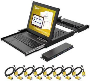 Ennovor 17" LCD KVM Console 8 Port VGA, Yinker Rackmount KVM Switch Fit 1U 19" Rack, Keyboard Monitor Touchpad Drawer Integrated + Cables
