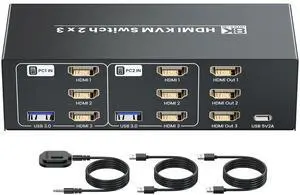Ennovor 8K/60Hz USB 3.0 Three Monitor HDMI KVM Switch, 4K120Hz HDMI KVM Switcher 3 Monitors 2 Computers for 2 PC Share 3 Monitors and 1 Set of Keyboard Mouse and Other USB Devices