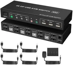 Ennovor 4K@60Hz Displayport KVM Switch 2 Monitors 4 Computers, DP1.2 KVM Switch Dual Monitor with Audio Microphone Output and 3 USB 2.0 Ports, 4 Port KVM Switch Displayport for 4 PCs 2 Monitors