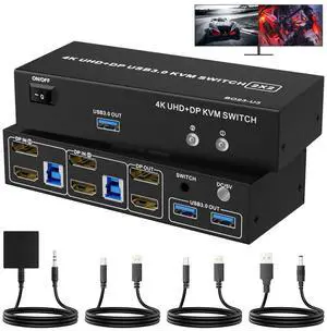 Ennovor Dual Monitor HDMI + DisplayPort KVM Switch 2 Monitors 2 Computers with 3 USB 3.0 Ports, Support 4K@60Hz Copy Extended Splicing Display, Wired Extension Button & 2 USB Cables Included